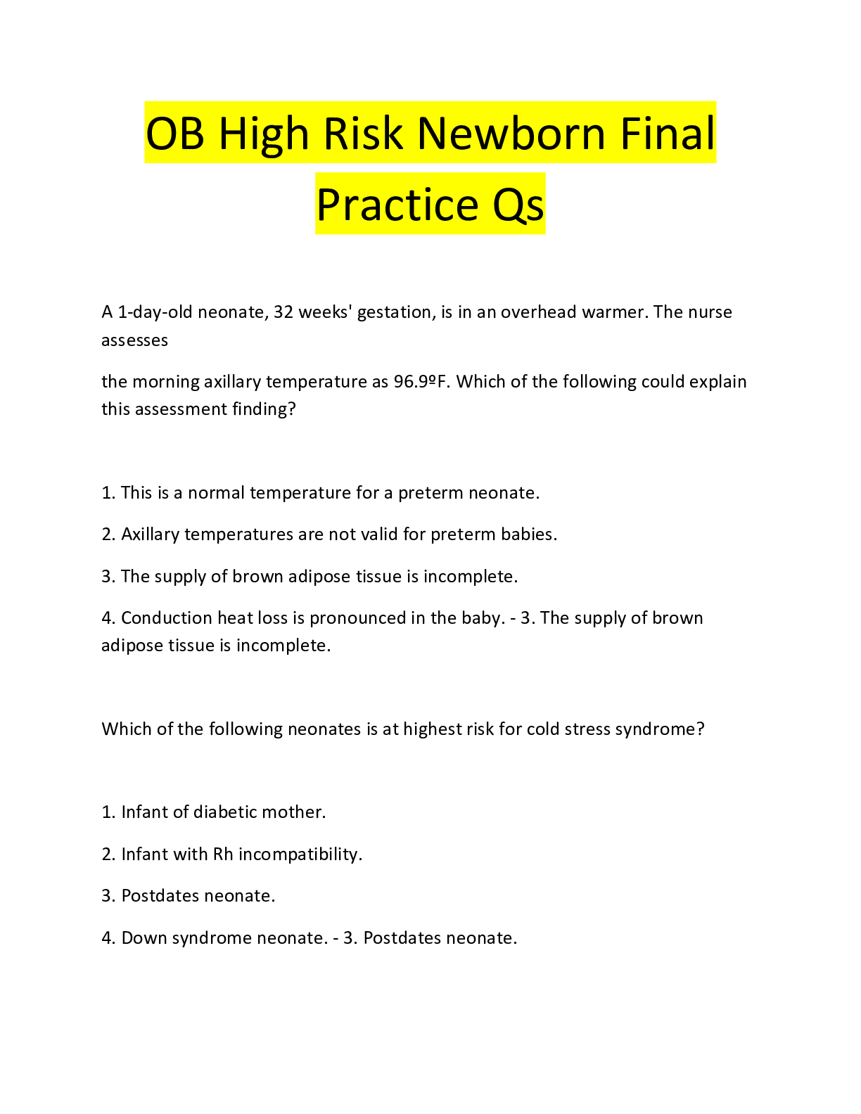 Preview image for OB High Risk Newborn Final  Practice Qs